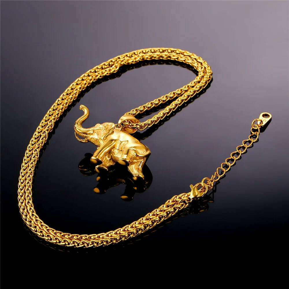 U7 Stainless Steel Gold Color Trendy Elephant Charm Pendant Necklace for Man Thick Chain Animal Lucky Jewelry Gift P755 - KIMLUD