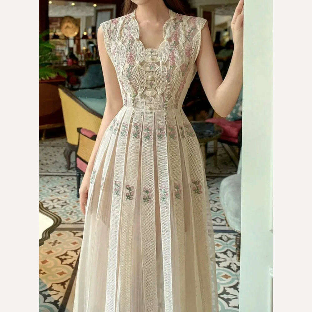 KIMLUD, UCXQ High Quality Beautiful V-neck Sleeveless Sweet Floral Embroidery Luxury Women's Dress For Female 2024 Spring Aummer 23A6715, KIMLUD Womens Clothes