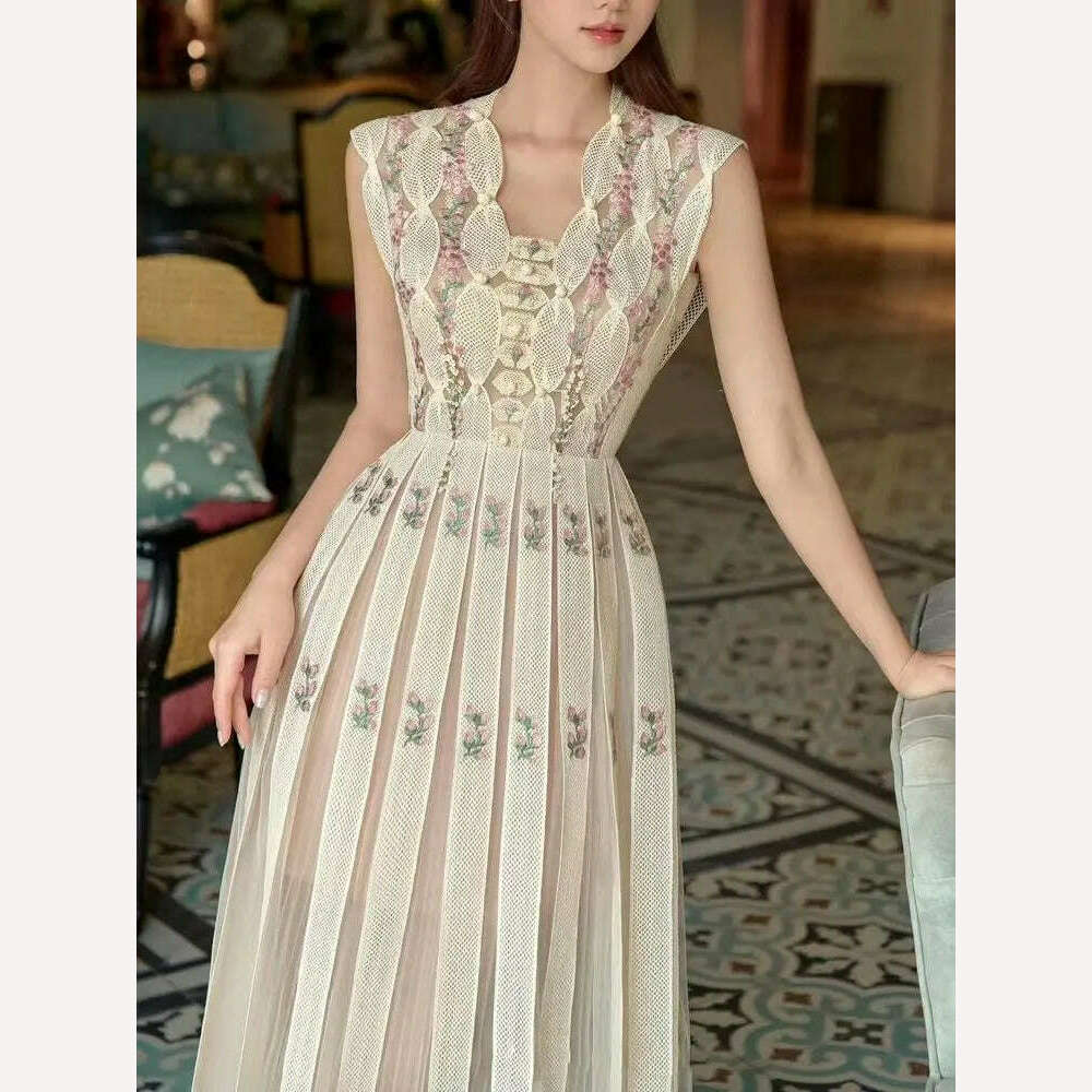 KIMLUD, UCXQ High Quality Beautiful V-neck Sleeveless Sweet Floral Embroidery Luxury Women's Dress For Female 2024 Spring Aummer 23A6715, KIMLUD Womens Clothes