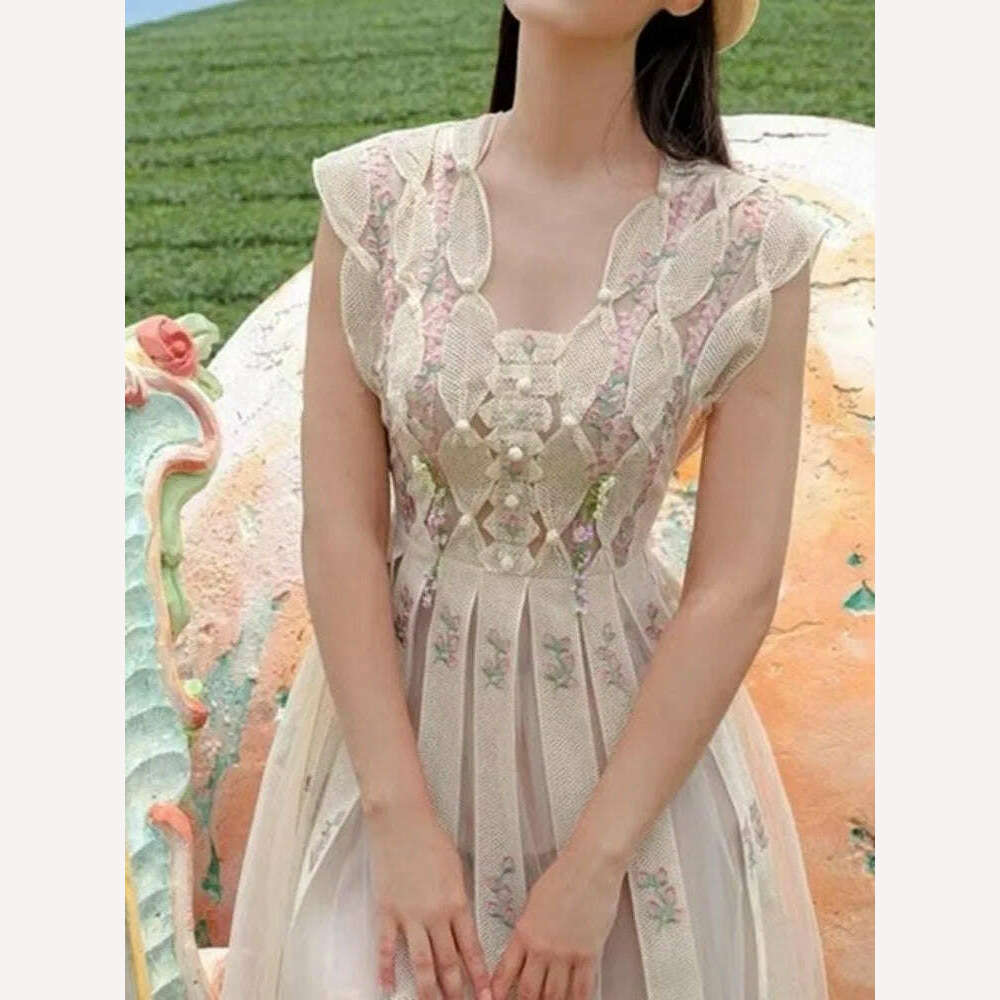 KIMLUD, UCXQ High Quality Beautiful V-neck Sleeveless Sweet Floral Embroidery Luxury Women's Dress For Female 2024 Spring Aummer 23A6715, KIMLUD Womens Clothes