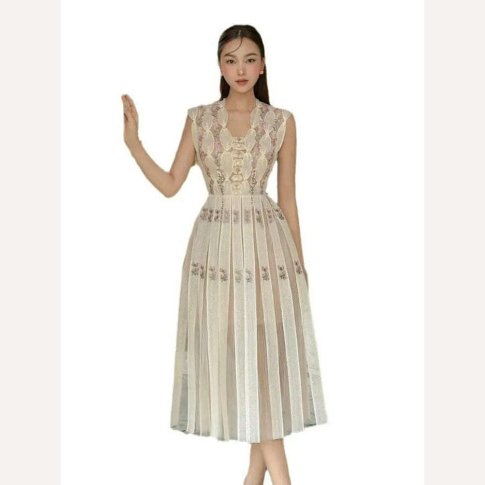 KIMLUD, UCXQ High Quality Beautiful V-neck Sleeveless Sweet Floral Embroidery Luxury Women's Dress For Female 2024 Spring Aummer 23A6715, KIMLUD Womens Clothes
