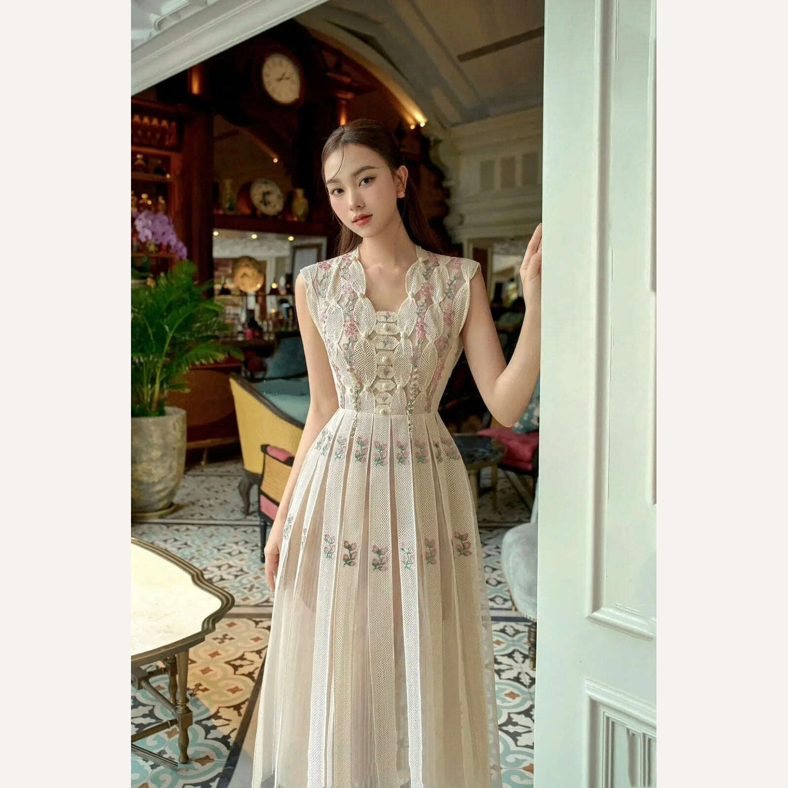 KIMLUD, UCXQ High Quality Beautiful V-neck Sleeveless Sweet Floral Embroidery Luxury Women's Dress For Female 2024 Spring Aummer 23A6715, KIMLUD Womens Clothes