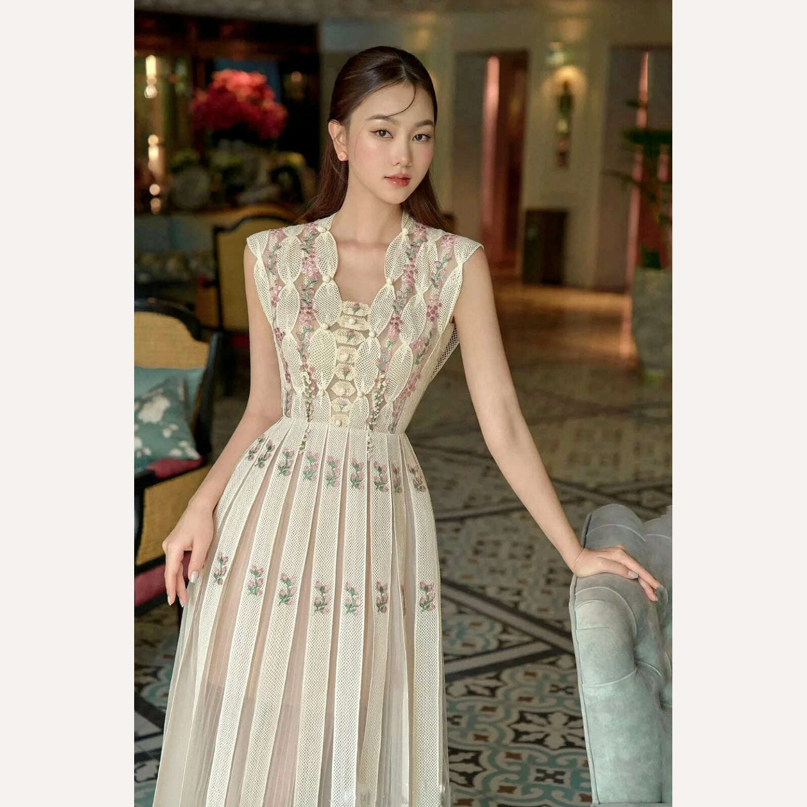 KIMLUD, UCXQ High Quality Beautiful V-neck Sleeveless Sweet Floral Embroidery Luxury Women's Dress For Female 2024 Spring Aummer 23A6715, KIMLUD Womens Clothes