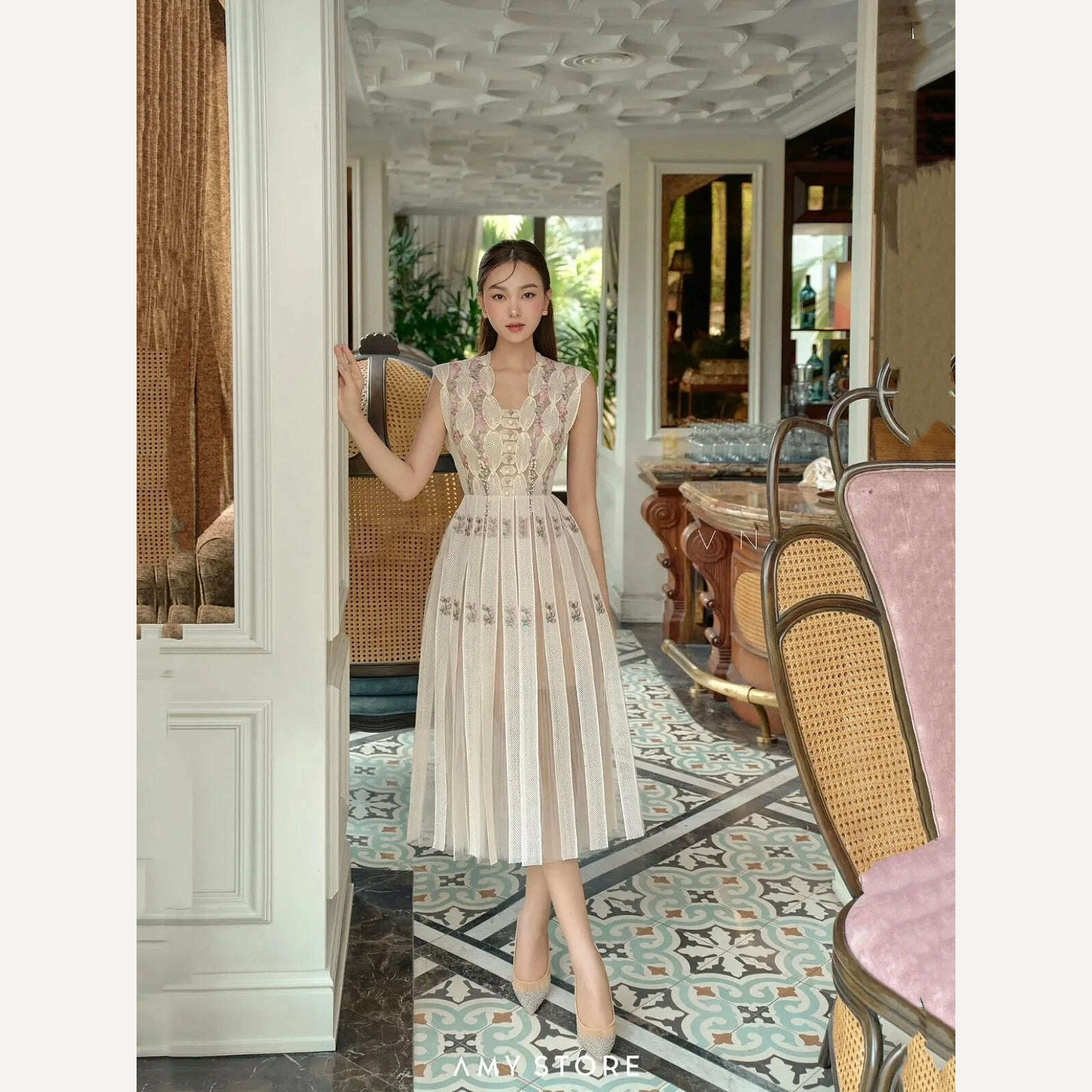 KIMLUD, UCXQ High Quality Beautiful V-neck Sleeveless Sweet Floral Embroidery Luxury Women's Dress For Female 2024 Spring Aummer 23A6715, KIMLUD Womens Clothes