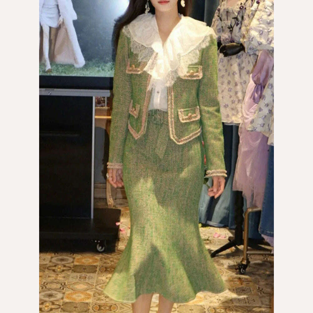 KIMLUD, UCXQ Temperament Tweed Coats Skirts Set For Women Elegant O-neck Long Sleeve Jacket+ High Waist Hip Wrap Skirt 2023 New 23A4469, Green / S, KIMLUD APPAREL - Womens Clothes