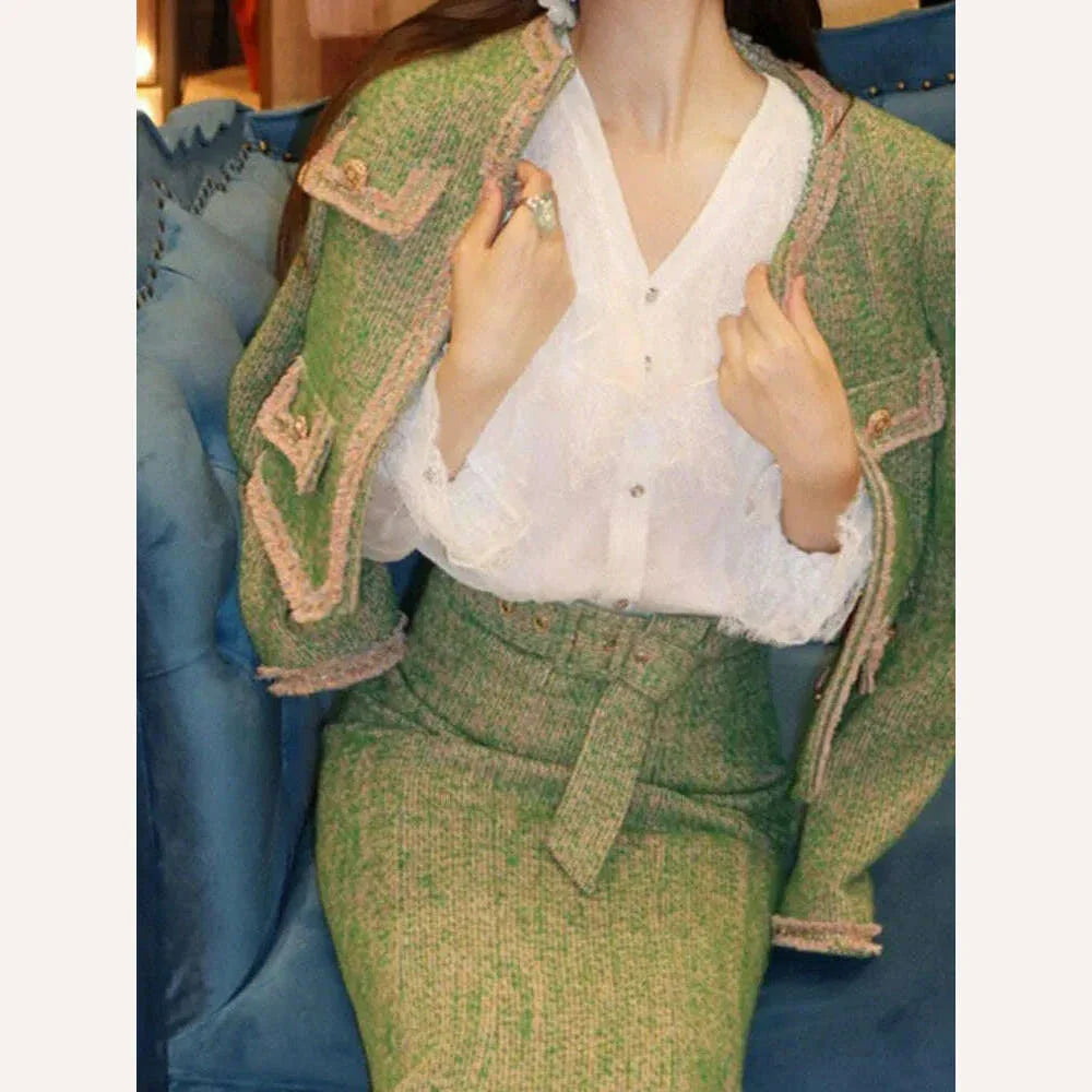 KIMLUD, UCXQ Temperament Tweed Coats Skirts Set For Women Elegant O-neck Long Sleeve Jacket High Waist Hip Wrap Skirt 2023 New, KIMLUD Womens Clothes