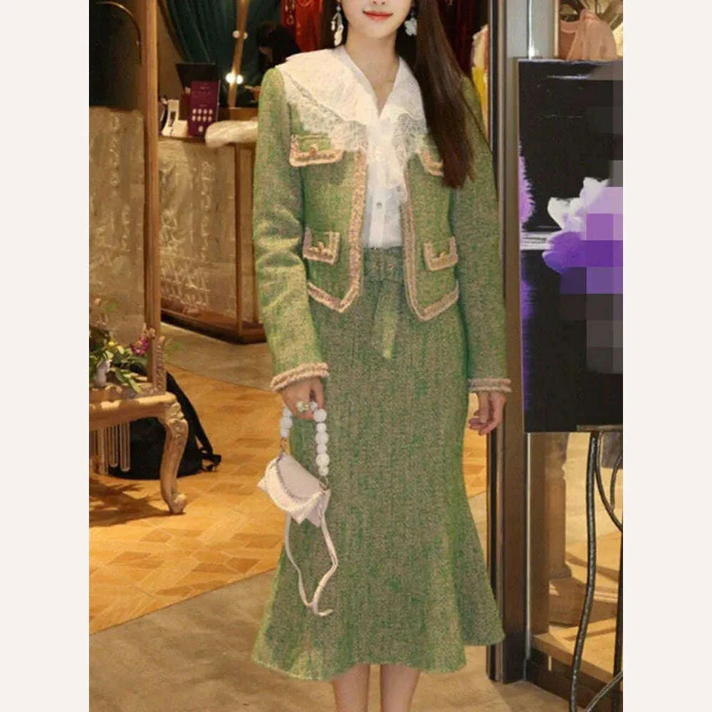 KIMLUD, UCXQ Temperament Tweed Coats Skirts Set For Women Elegant O-neck Long Sleeve Jacket High Waist Hip Wrap Skirt 2023 New, KIMLUD Womens Clothes