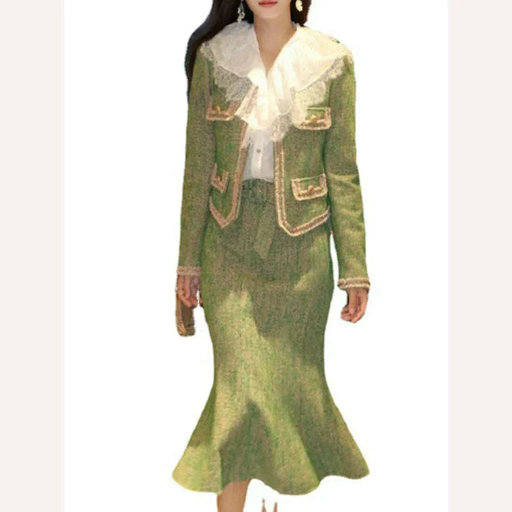 KIMLUD, UCXQ Temperament Tweed Coats Skirts Set For Women Elegant O-neck Long Sleeve Jacket High Waist Hip Wrap Skirt 2023 New, KIMLUD Womens Clothes