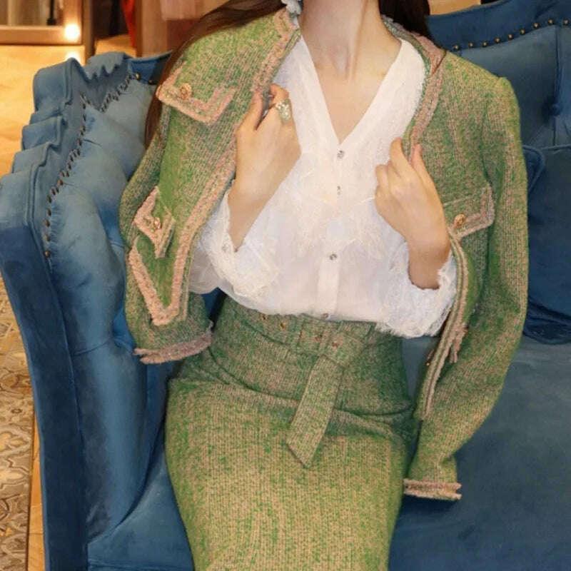 KIMLUD, UCXQ Temperament Tweed Coats Skirts Set For Women Elegant O-neck Long Sleeve Jacket High Waist Hip Wrap Skirt 2023 New, KIMLUD Womens Clothes