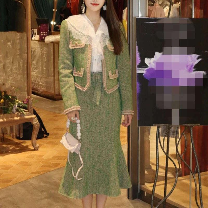 KIMLUD, UCXQ Temperament Tweed Coats Skirts Set For Women Elegant O-neck Long Sleeve Jacket High Waist Hip Wrap Skirt 2023 New, KIMLUD Womens Clothes