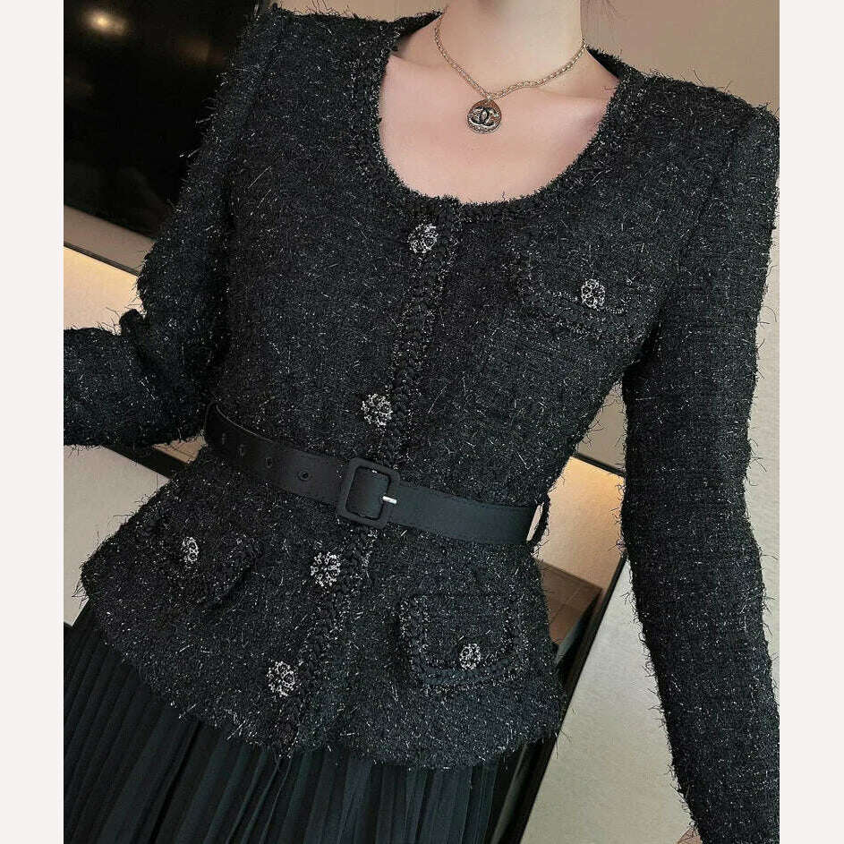 KIMLUD, UCXQ Vintage Beading Buttons O-neck Black Dress With Belt Summer 2023 Women Evening Dresses Ladies Wedding Party Clothes Tide, Black with belt / S, KIMLUD APPAREL - Womens Clothes