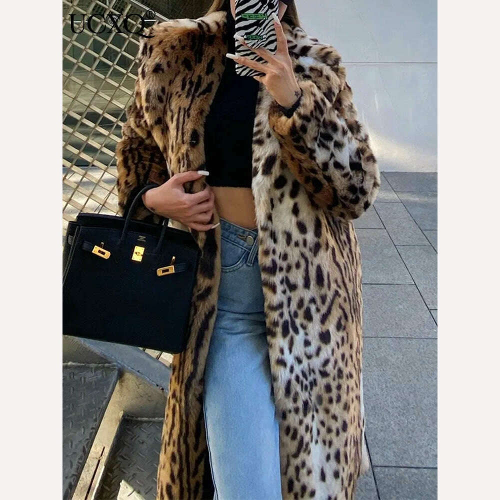 KIMLUD, UCXQ Winter Long Warm Thick Leopard Fluffy Faux Fur Coat Women Tiger Print Runway Loose Luxury Designer Clothing Women 2023 New, KIMLUD Womens Clothes