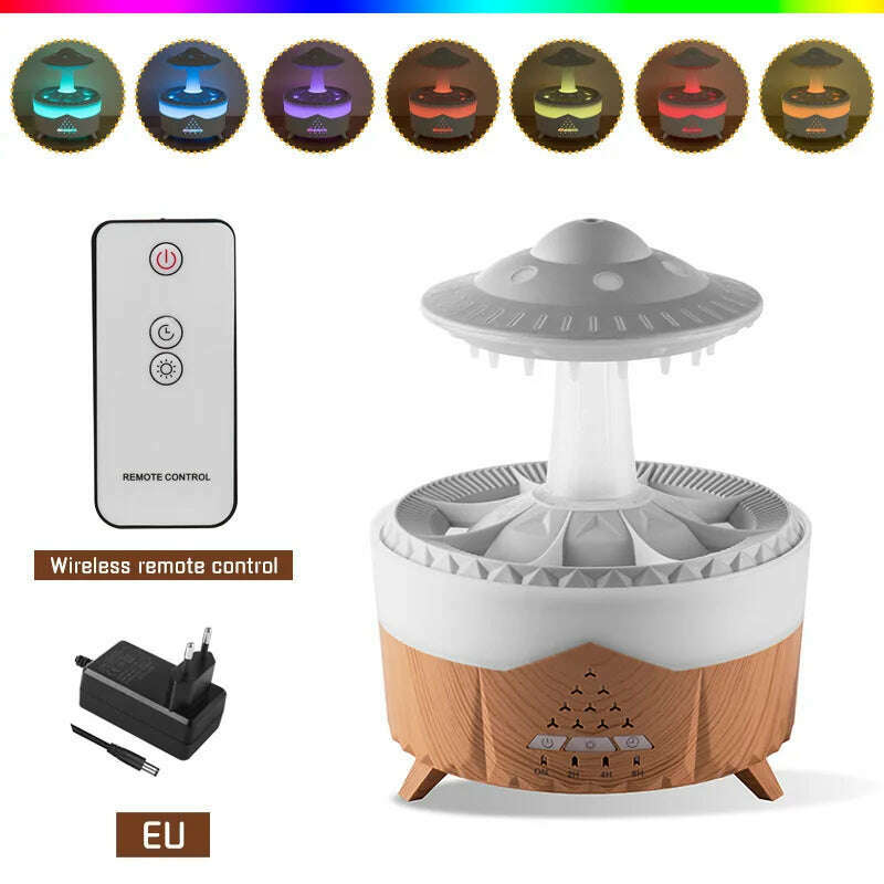 KIMLUD, UFO Shaped Mute Rain Cloud Humidifier Raindrop Essential Oil Diffuser Aromatherapy With Remote 7 Color LED Humidifier Large Room, EU-Wood grain / CHINA, KIMLUD APPAREL - Womens Clothes
