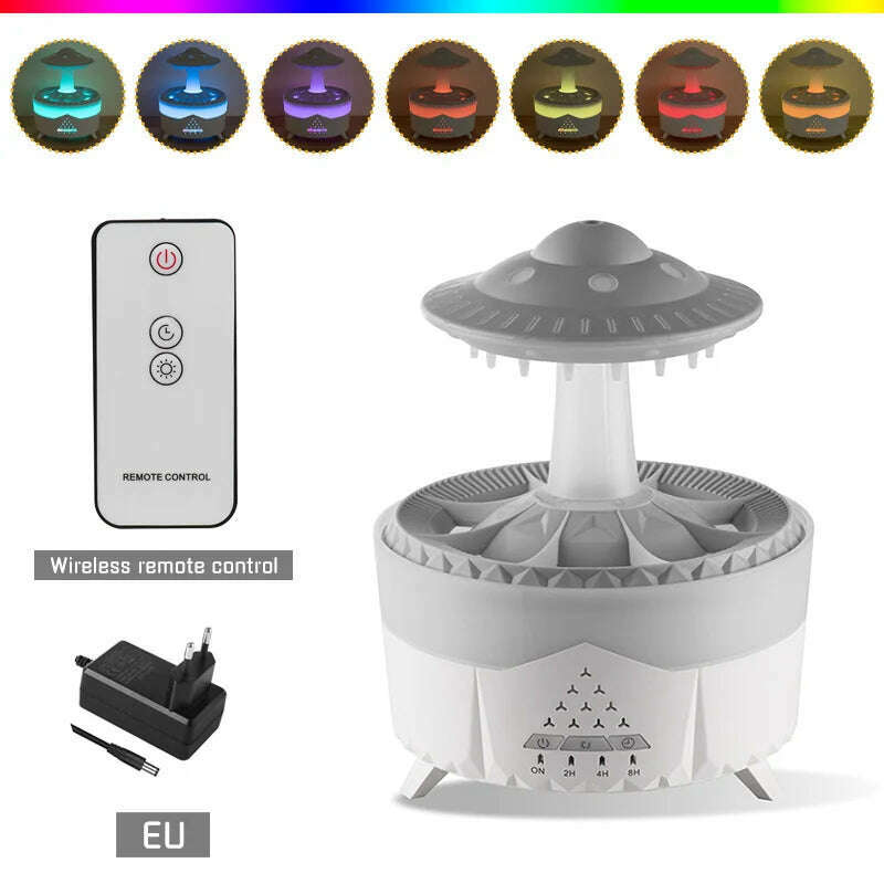 KIMLUD, UFO Shaped Mute Rain Cloud Humidifier Raindrop Essential Oil Diffuser Aromatherapy With Remote 7 Color LED Humidifier Large Room, EU-WhIte / CHINA, KIMLUD APPAREL - Womens Clothes