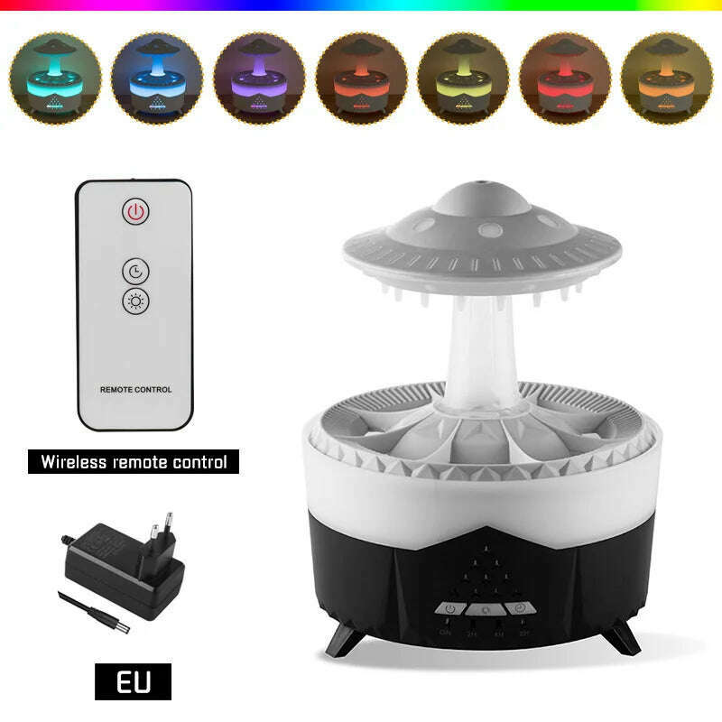 KIMLUD, UFO Shaped Mute Rain Cloud Humidifier Raindrop Essential Oil Diffuser Aromatherapy With Remote 7 Color LED Humidifier Large Room, EU-Black / CHINA, KIMLUD APPAREL - Womens Clothes