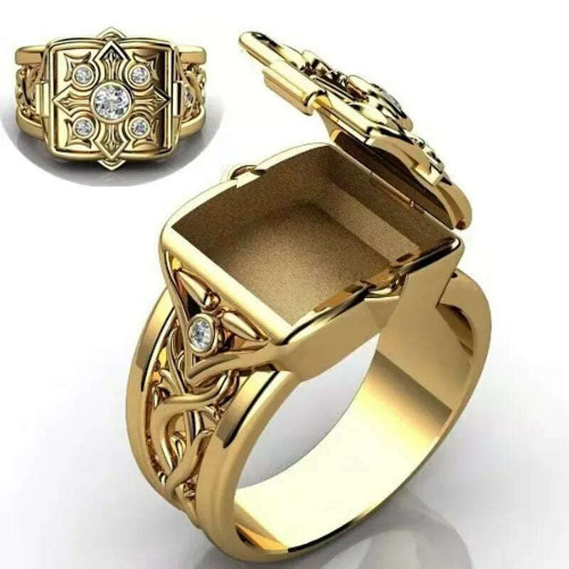 KIMLUD, Unique Cross Open Cap Cuffic Locklet Small Secret Pattern Copper Rings For Men Engagement Wedding Party Male Ring Jewelry, KIMLUD Womens Clothes