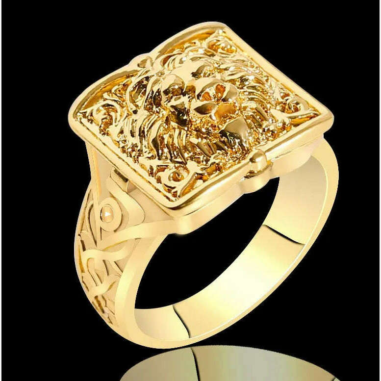 KIMLUD, Unique Cross Open Cap Cuffic Locklet Small Secret Pattern Copper Rings For Men Engagement Wedding Party Male Ring Jewelry, 7 / AJZ1759Leogold, KIMLUD APPAREL - Womens Clothes