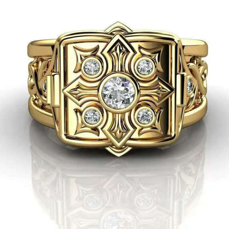 KIMLUD, Unique Cross Open Cap Cuffic Locklet Small Secret Pattern Copper Rings For Men Engagement Wedding Party Male Ring Jewelry, KIMLUD Womens Clothes