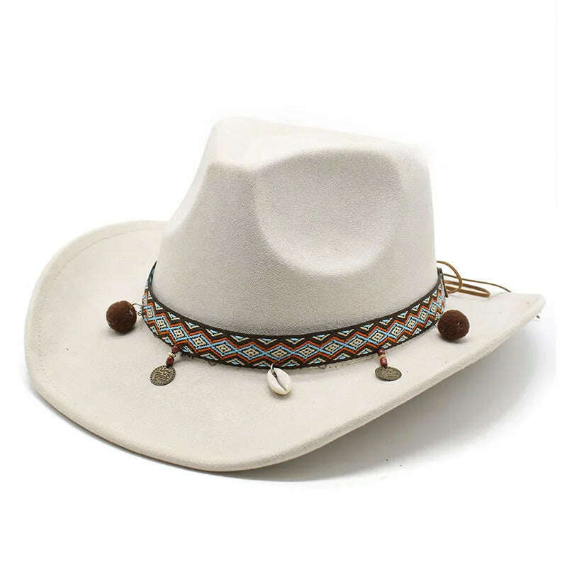 KIMLUD, Unisex Cowboy Hats Western Caps For Women And Men Suede 57-58cm Decorative Shells Braided Straps Retro Design Jazz Style NZ0125, WHITE / 57-58cm, KIMLUD Womens Clothes