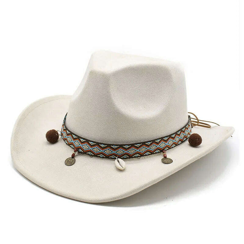 KIMLUD, Unisex Cowboy Hats Western Caps For Women And Men Suede 57-58cm Decorative Shells Braided Straps Retro Design Jazz Style NZ0125, WHITE / 57-58cm, KIMLUD APPAREL - Womens Clothes