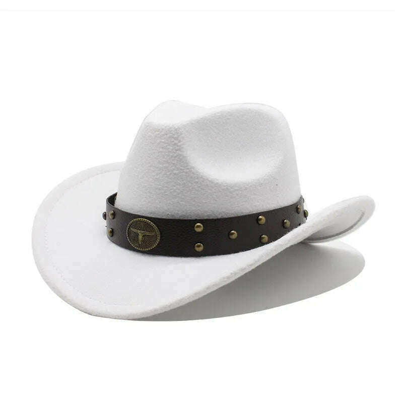 KIMLUD, Unisex Cowboy Hats Western Caps For Women And Men Woolen 57-58cm Wide Straps Rivet Decoration Curved Brim Jazz NZ0080, WHITE / 57-58cm, KIMLUD APPAREL - Womens Clothes