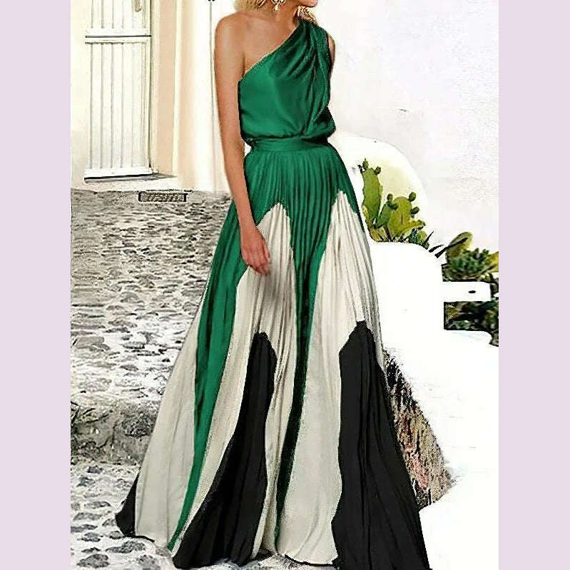 KIMLUD, Uoozee Women Fashion Printed Elegant Party Evening Dresses 2024 New Summer Sleeveless One-Shoulder Pleated A-Line Long Dress, GREEN / M, KIMLUD APPAREL - Womens Clothes