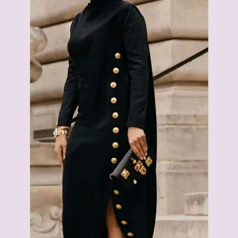 UOOZEE Women Shawl Collar Split-Side Buttoned Party Evening Maxi Dresses 2024 New Long Sleeves Solid Color Urban Casual Dress - KIMLUD