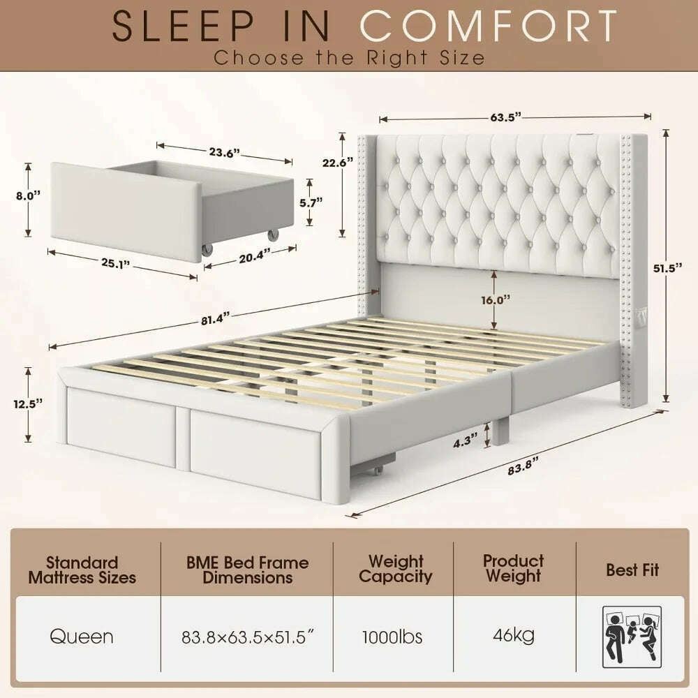 KIMLUD, Upholstered Bed Frame Queen with Headboard and Storage, Tall Bed Frame with 2 Drawers, Tufted Wingback Bed Frame Queen Si, KIMLUD Womens Clothes