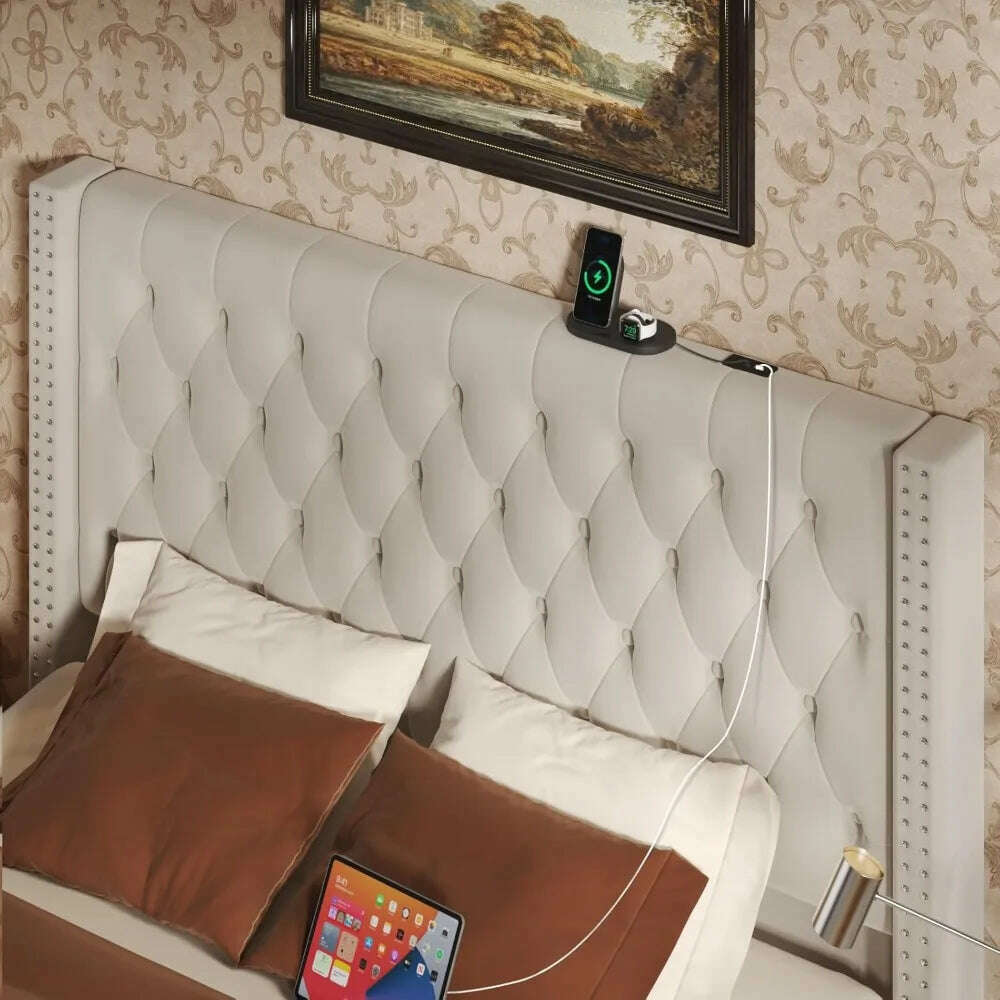 KIMLUD, Upholstered Bed Frame Queen with Headboard and Storage, Tall Bed Frame with 2 Drawers, Tufted Wingback Bed Frame Queen Si, KIMLUD Womens Clothes