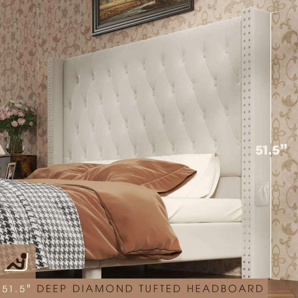 KIMLUD, Upholstered Bed Frame Queen with Headboard and Storage, Tall Bed Frame with 2 Drawers, Tufted Wingback Bed Frame Queen Si, KIMLUD Womens Clothes