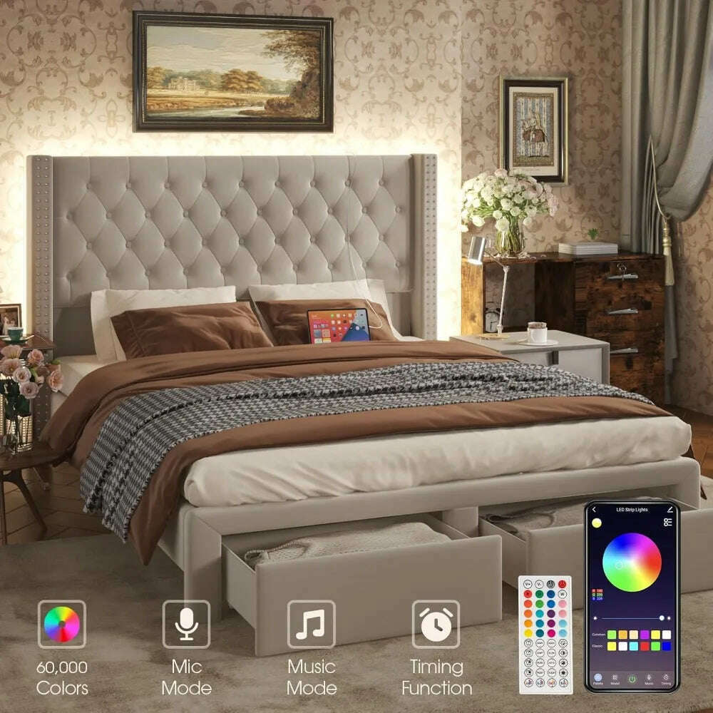 KIMLUD, Upholstered Bed Frame Queen with Headboard and Storage, Tall Bed Frame with 2 Drawers, Tufted Wingback Bed Frame Queen Si, KIMLUD Womens Clothes