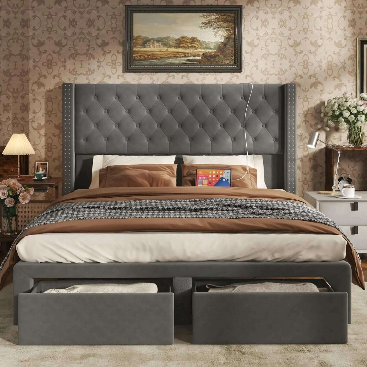 KIMLUD, Upholstered Bed Frame Queen with Headboard and Storage, Tall Bed Frame with 2 Drawers, Tufted Wingback Bed Frame Queen Si, Grey / United States / Queen, KIMLUD APPAREL - Womens Clothes