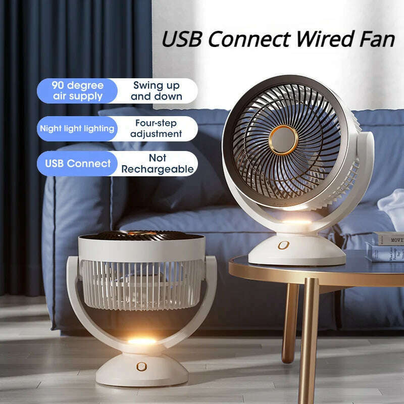 USB Air Circulation Electric Fan Non Rechargeable Table Desktop Portable Wall Mounted 360 Degree Rotation with Light for Home - KIMLUD