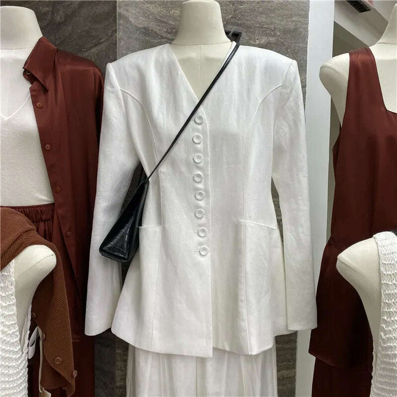 V-neck single breasted suit with waistband and three-dimensional cut suit jacket for women - KIMLUD