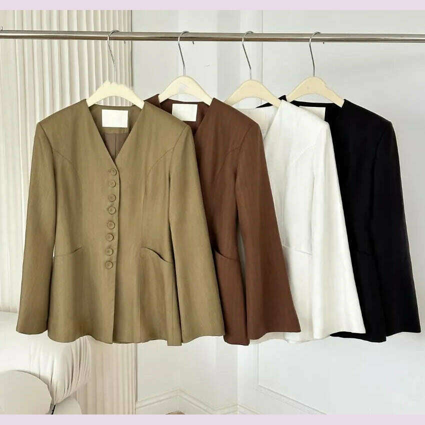 V-neck single breasted suit with waistband and three-dimensional cut suit jacket for women - KIMLUD