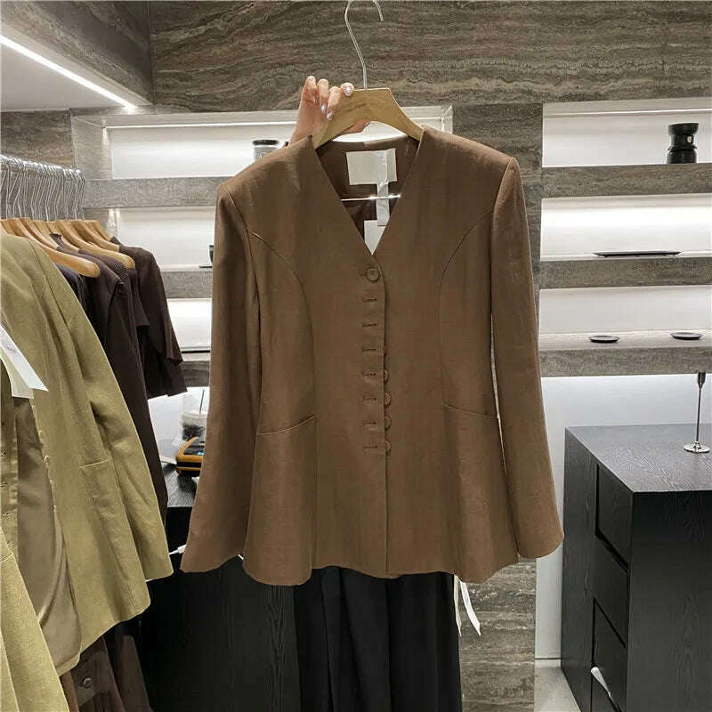 V-neck single breasted suit with waistband and three-dimensional cut suit jacket for women - KIMLUD