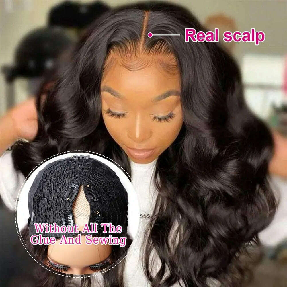 KIMLUD, V Part Wigs Body Wave Brazilian Virgin Human Hair Wigs For Black Women Upgrade U Part Glueless Wigs Full Head Clip In Half Wig, KIMLUD Womens Clothes