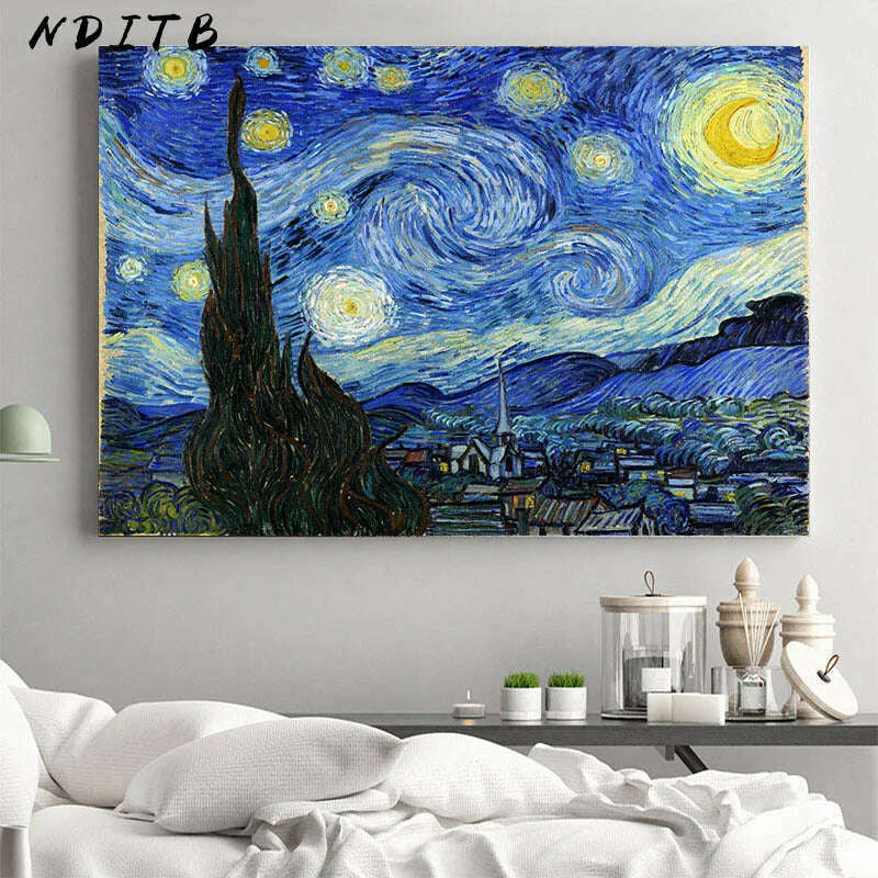 KIMLUD, Van Gogh Starry Night Abstract Landscape Canvas Poster Famous Classic Wall Art Print Decorative Picture Modern Living Room Decor, KIMLUD Womens Clothes