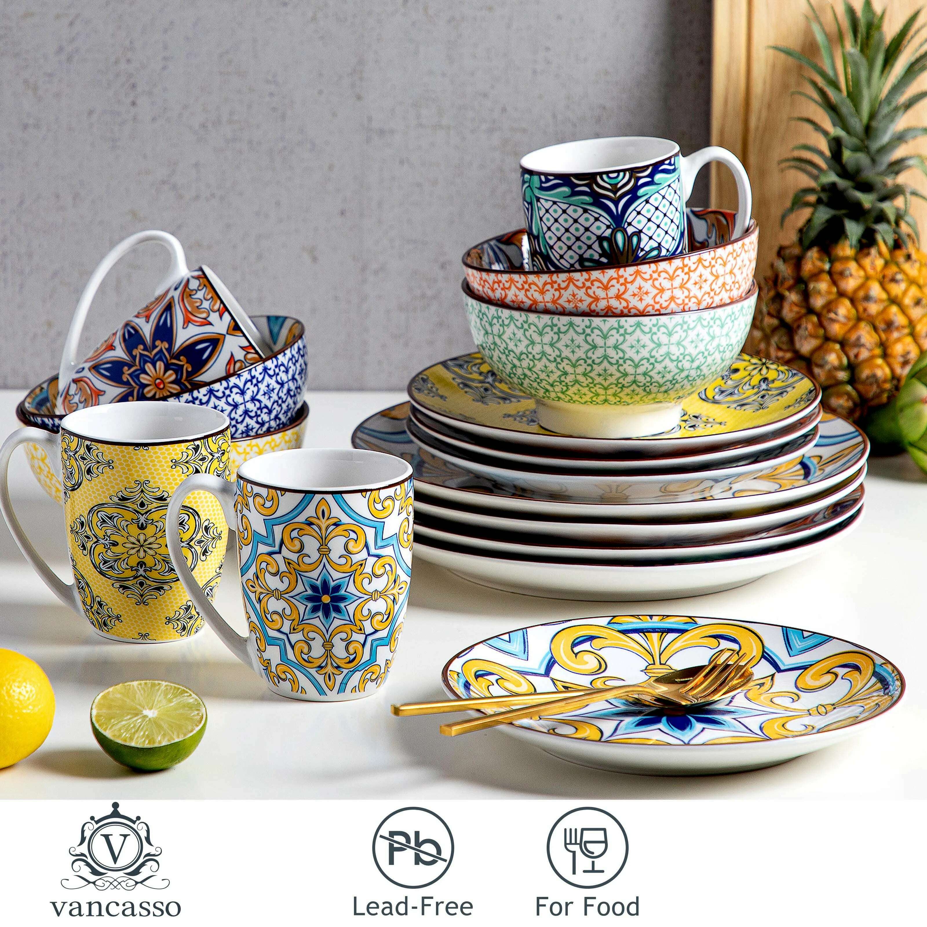 VANCASSO 16/32/48-Piece Jasmin Pattern Porcelain Tableware Dinnerware Dinner Set with Dinner Plate,Dessert Plate,Bowl,Mug Set - KIMLUD