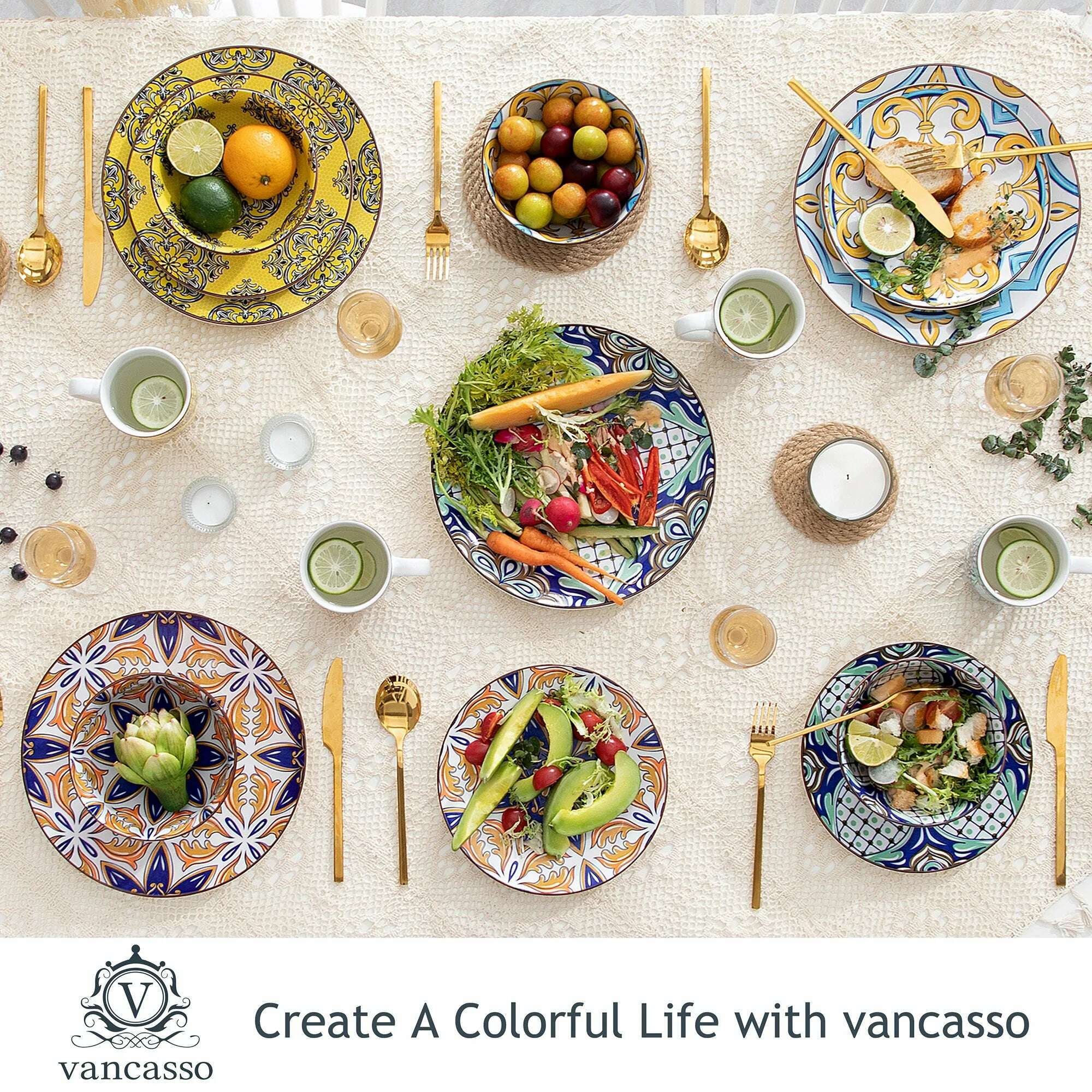 VANCASSO 16/32/48-Piece Jasmin Pattern Porcelain Tableware Dinnerware Dinner Set with Dinner Plate,Dessert Plate,Bowl,Mug Set - KIMLUD