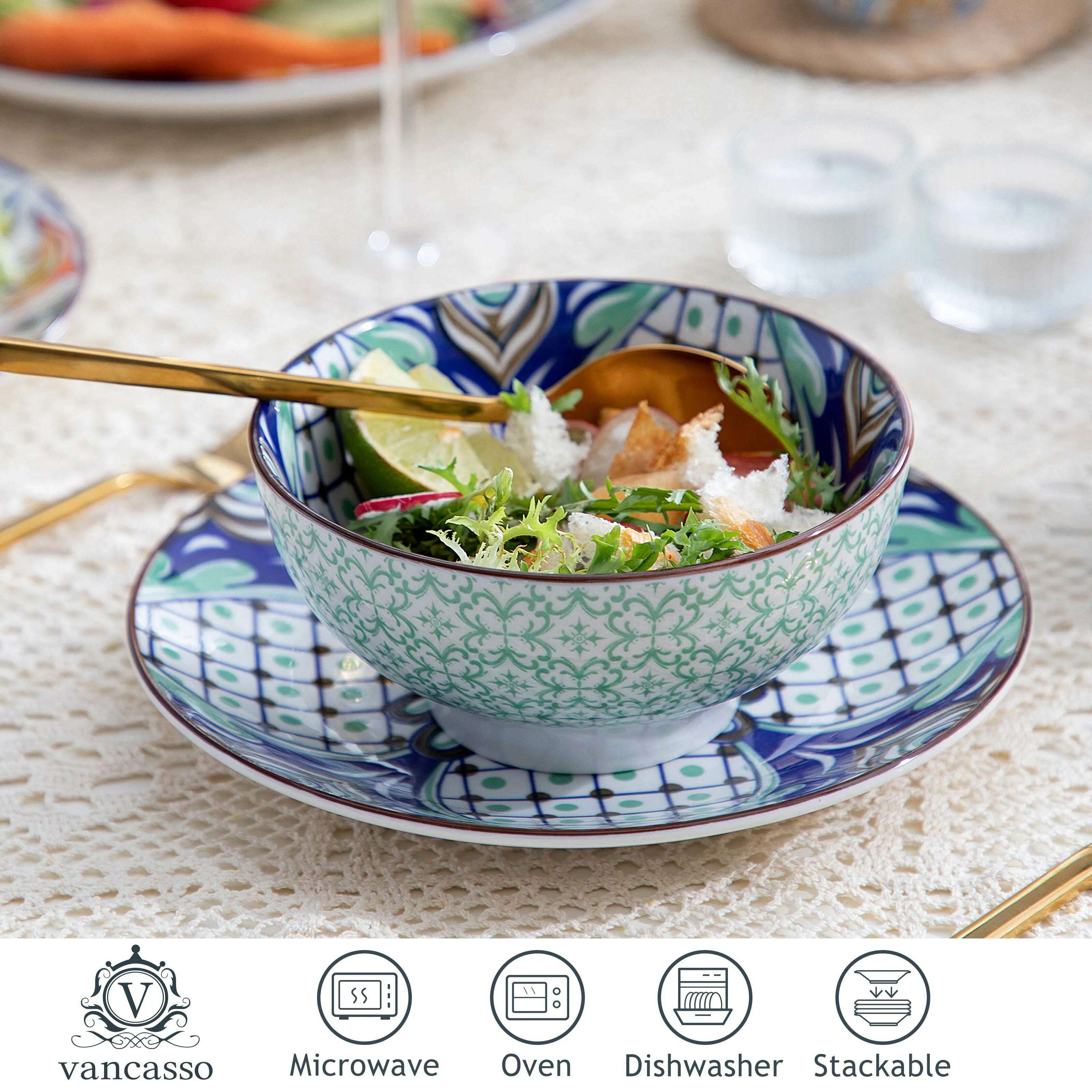 VANCASSO 16/32/48-Piece Jasmin Pattern Porcelain Tableware Dinnerware Dinner Set with Dinner Plate,Dessert Plate,Bowl,Mug Set - KIMLUD