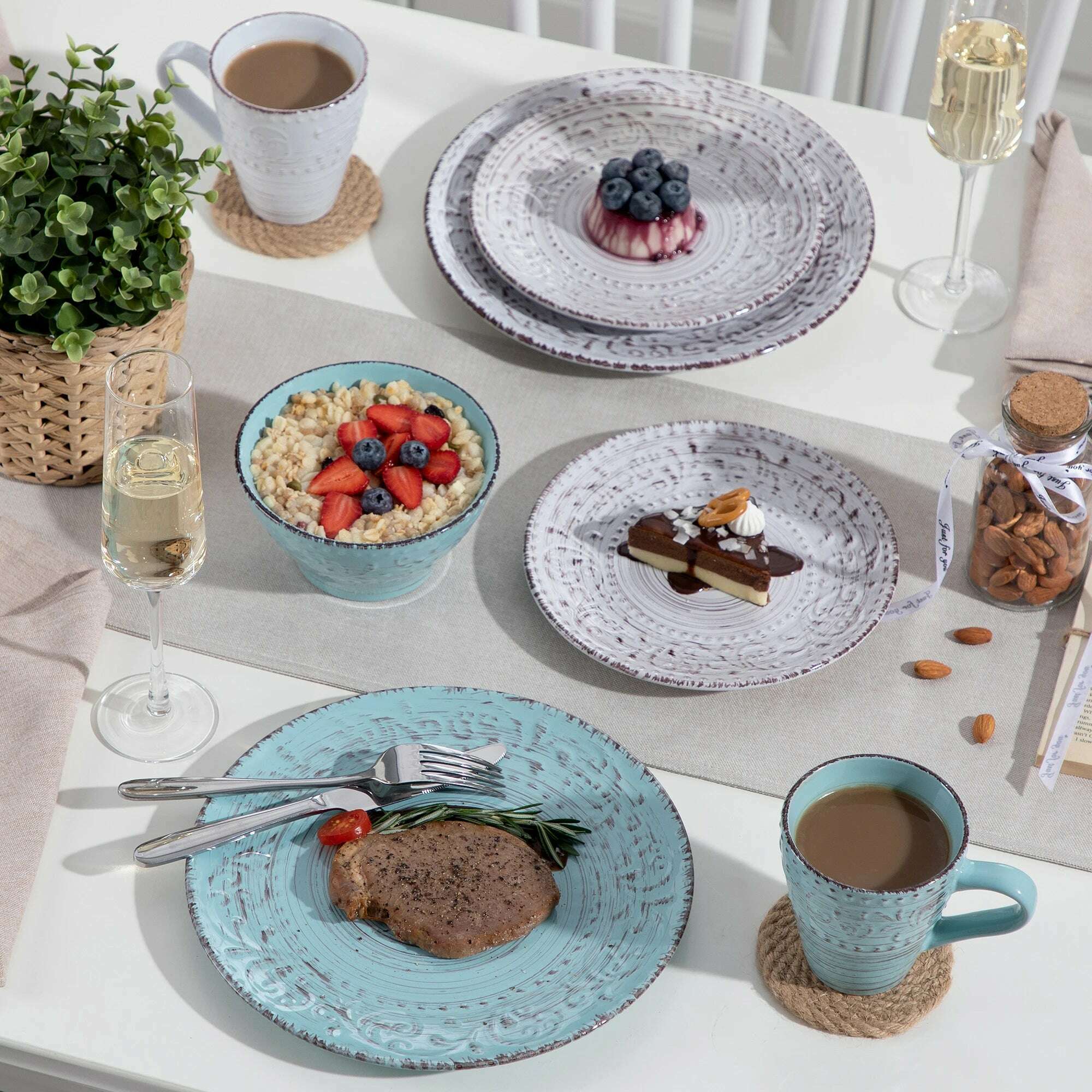 Vancasso VINE 16/32/48 Stoneware Dinnerware Set with Dinner Plate,Dessert Plate,Bowl,Mug Tableware Set Service for 12 Person - KIMLUD