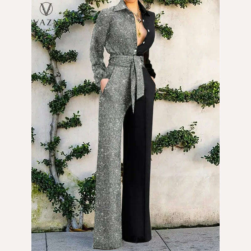 KIMLUD, VAZN 2022 Sequins High Street Style Women Spring Fashion New Jumpsuits Long Sleeve Lapel Jumpsuits Long Pants, Silver / S / CN, KIMLUD APPAREL - Womens Clothes