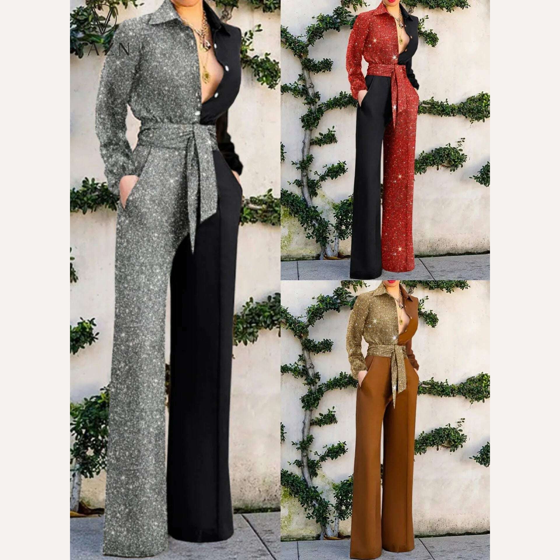 KIMLUD, VAZN 2022 Sequins High Street Style Women Spring Fashion New Jumpsuits Long Sleeve Lapel Jumpsuits Long Pants, KIMLUD Womens Clothes