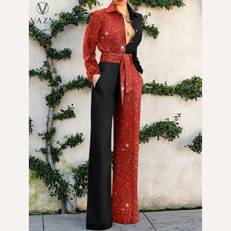 KIMLUD, VAZN 2022 Sequins High Street Style Women Spring Fashion New Jumpsuits Long Sleeve Lapel Jumpsuits Long Pants, KIMLUD Womens Clothes