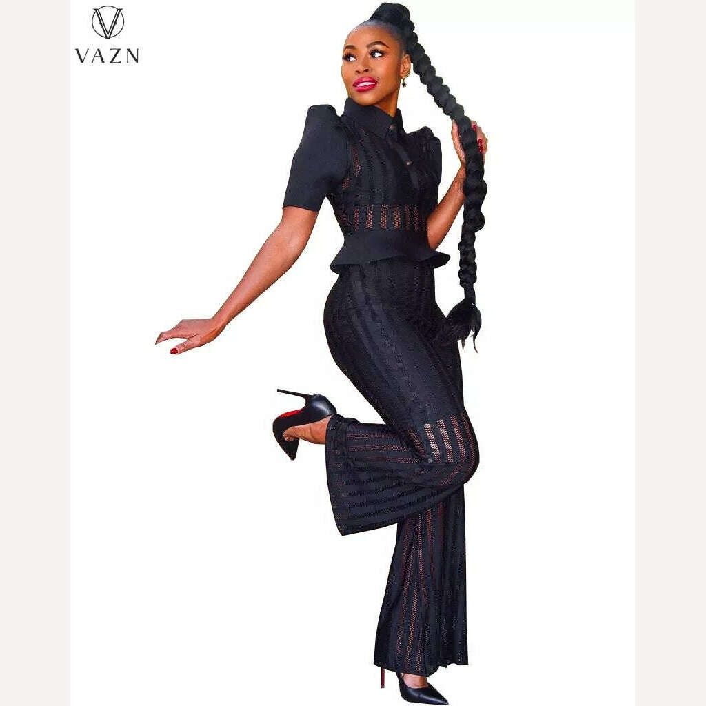 KIMLUD, VAZN New 2022 Fashion Street Casual Style Women Suit Short Sleeve Lapel Shirt Elastic Long Pants Pure Color Two Piece Sets, Black / S / China, KIMLUD APPAREL - Womens Clothes