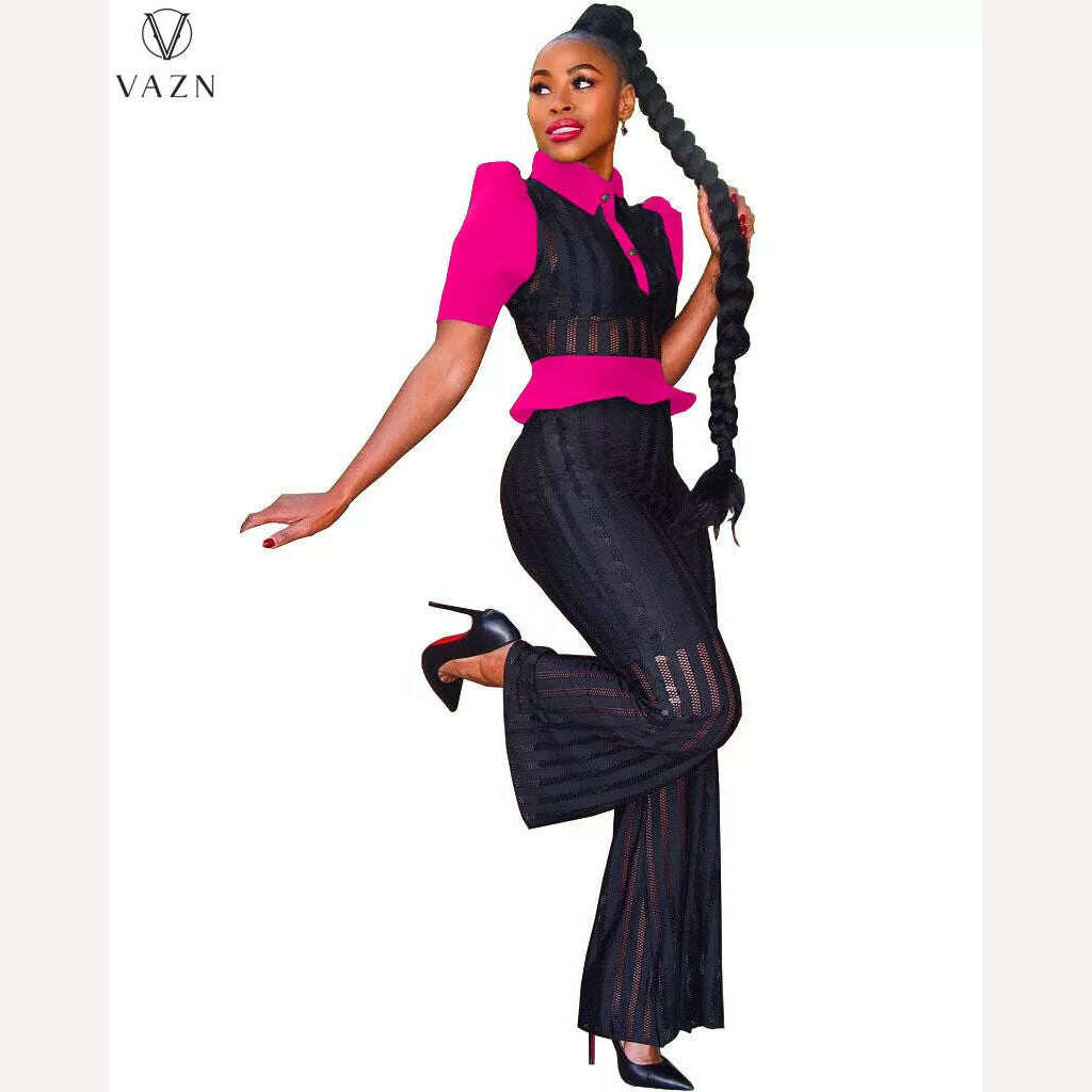 KIMLUD, VAZN New 2022 Fashion Street Casual Style Women Suit Short Sleeve Lapel Shirt Elastic Long Pants Pure Color Two Piece Sets, Rose Red / S / China, KIMLUD APPAREL - Womens Clothes