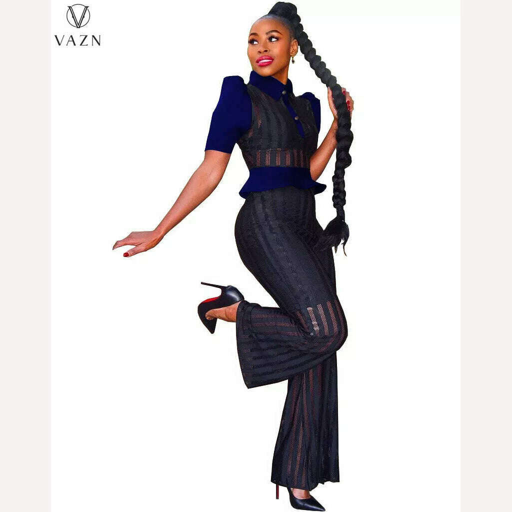 KIMLUD, VAZN New 2022 Fashion Street Casual Style Women Suit Short Sleeve Lapel Shirt Elastic Long Pants Pure Color Two Piece Sets, deep blue / S / China, KIMLUD APPAREL - Womens Clothes