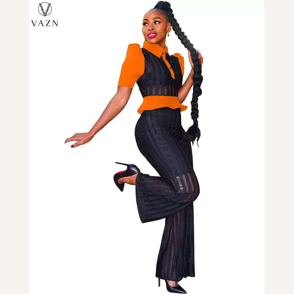 KIMLUD, VAZN New 2022 Fashion Street Casual Style Women Suit Short Sleeve Lapel Shirt Elastic Long Pants Pure Color Two Piece Sets, KIMLUD Womens Clothes