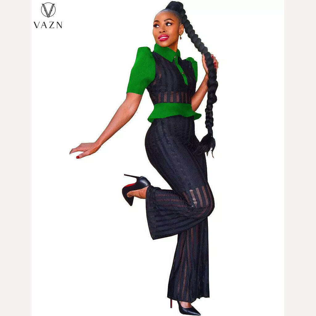 KIMLUD, VAZN New 2022 Fashion Street Casual Style Women Suit Short Sleeve Lapel Shirt Elastic Long Pants Pure Color Two Piece Sets, KIMLUD Womens Clothes